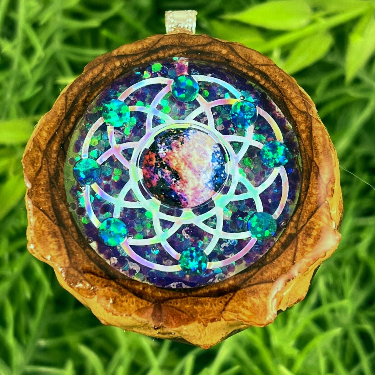 Galaxy with Dichroic Glass & Opal with Seed of Life