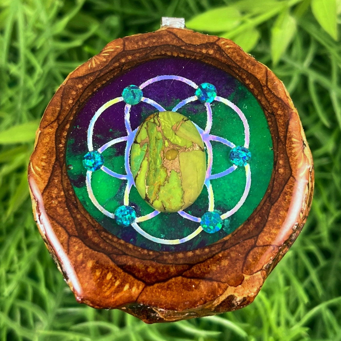 Galaxy with Green Copper Turquoise & Seed of Life