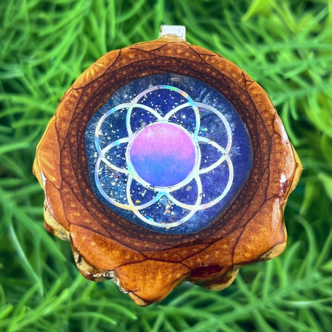 Galaxy with Dichroic Glass & Seed of Life - Aura Pinecones