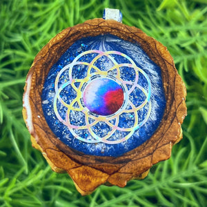 Galaxy with Dichroic Glass & Intricate Seed of Life - Aura Pinecones