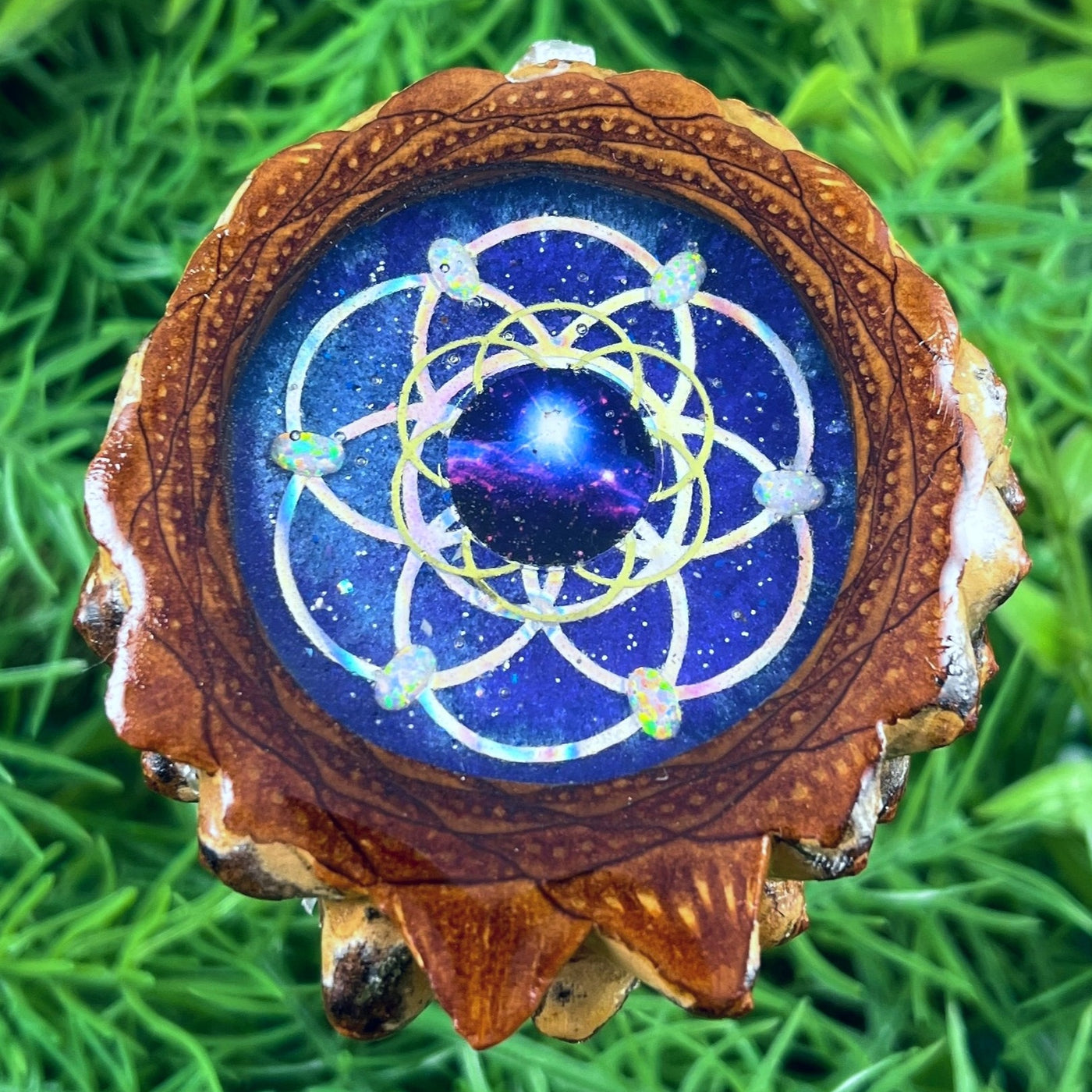 Galaxy with Dichroic Glass & Opal with Seed of Life