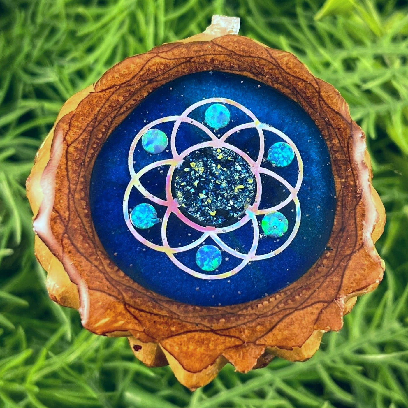 Galaxy with Dichroic Glass & Opal with Seed of Life - Aura Pinecones