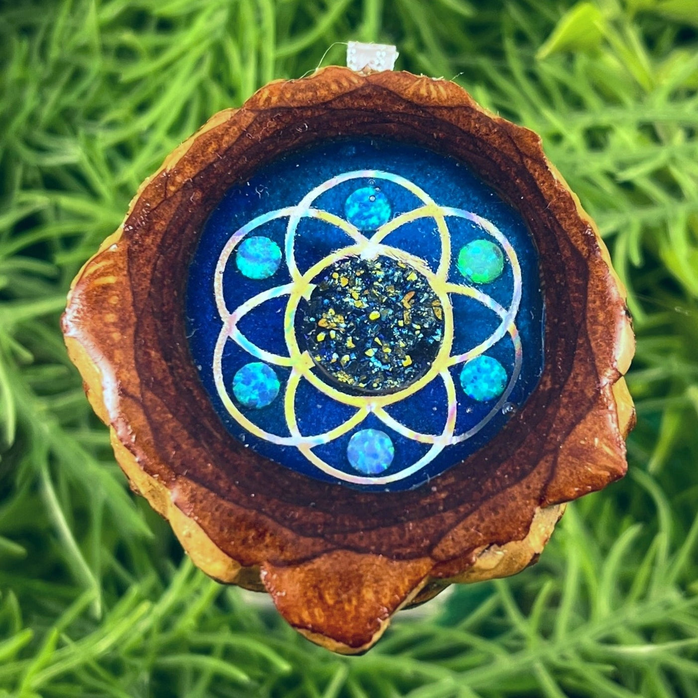 Galaxy with Dichroic Glass & Opal with Seed of Life - Aura Pinecones