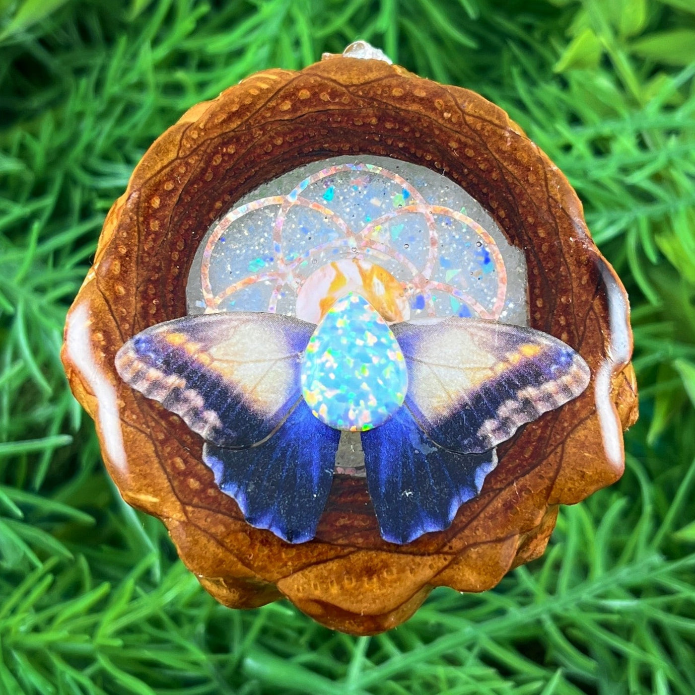 Clouds with Opal & Dichroic Glass with Butterfly & Seed of Life - Aura Pinecones