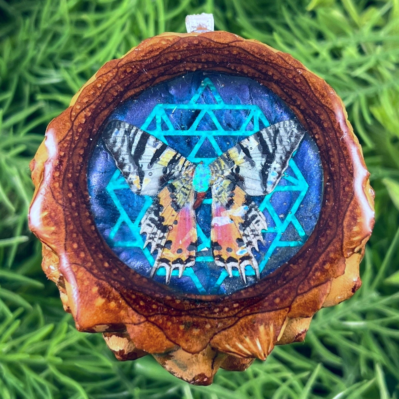 Galaxy with Opal & Butterfly with 64 Star Tetrahedron - Aura Pinecones