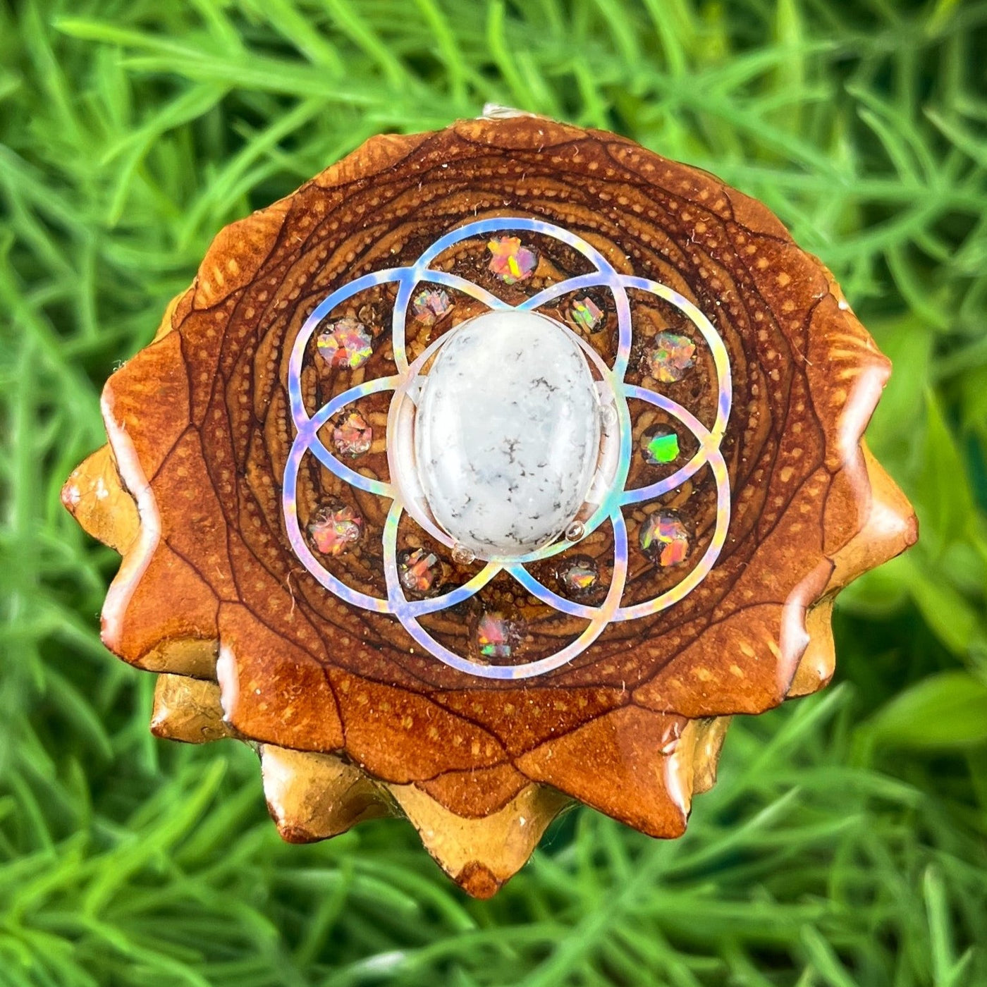 Dendrite with Crushed Opal & Seed of Life - Pinecone Necklace - Aura Pinecones