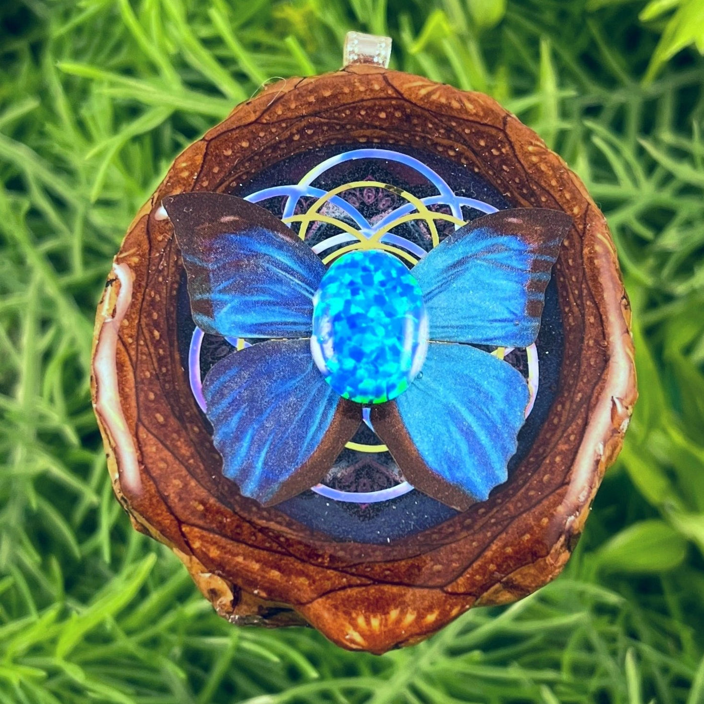 Galaxy with Opal & Butterfly with Seed of Life - Pinecone Necklace - Aura Pinecones