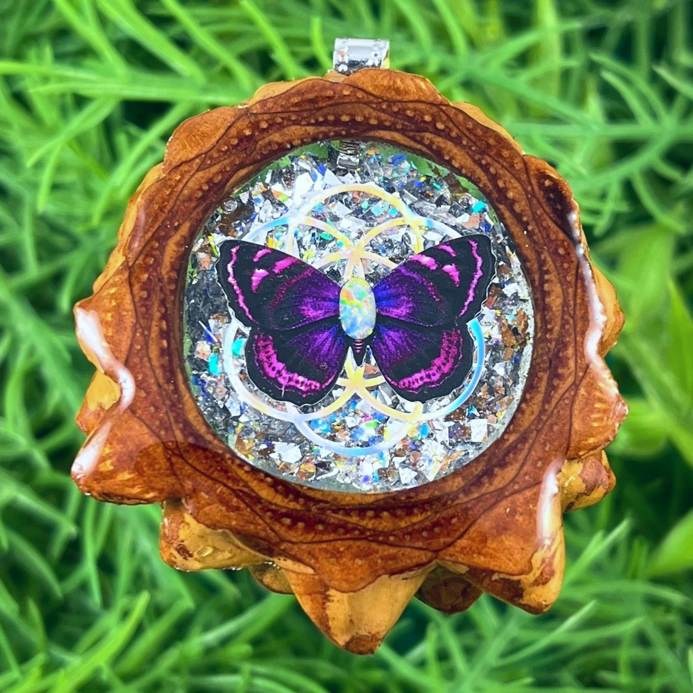 Galaxy with Opal & Butterfly with Seed of Life - Pinecone Necklace - Aura Pinecones