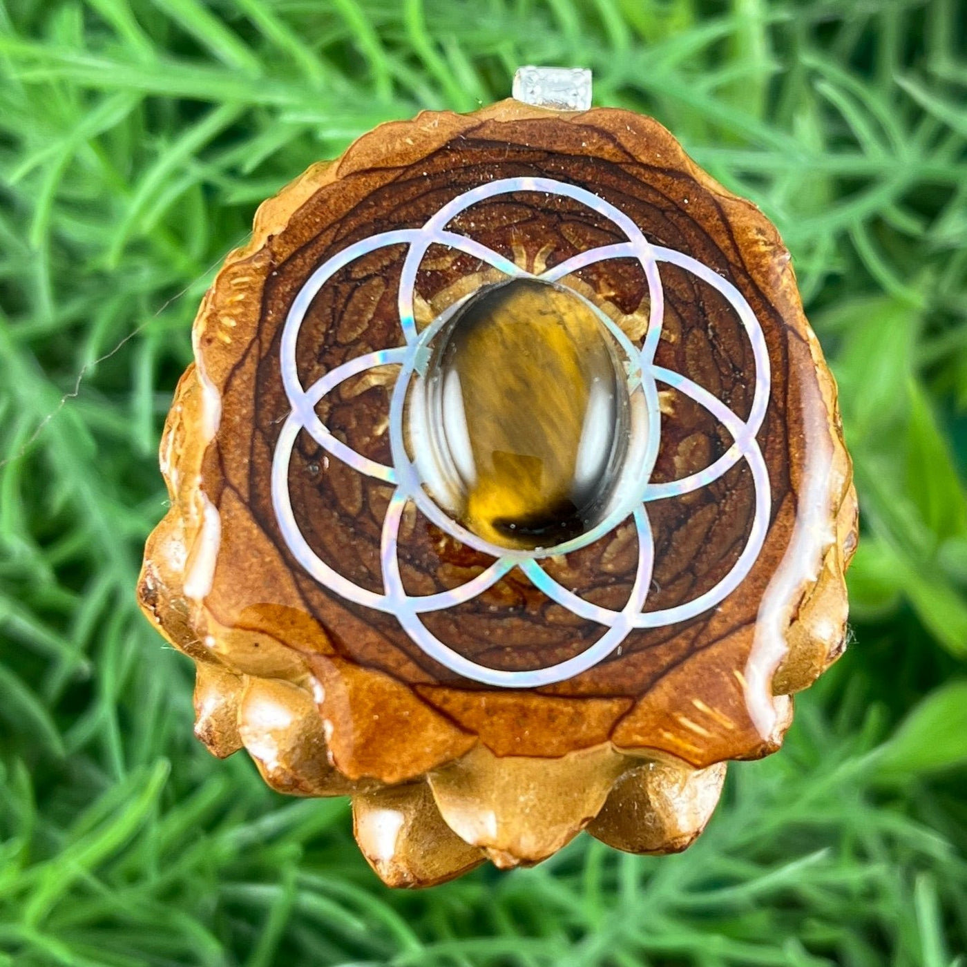 Tiger's Eye with Seed of Life - Pinecone Necklace - Aura Pinecones