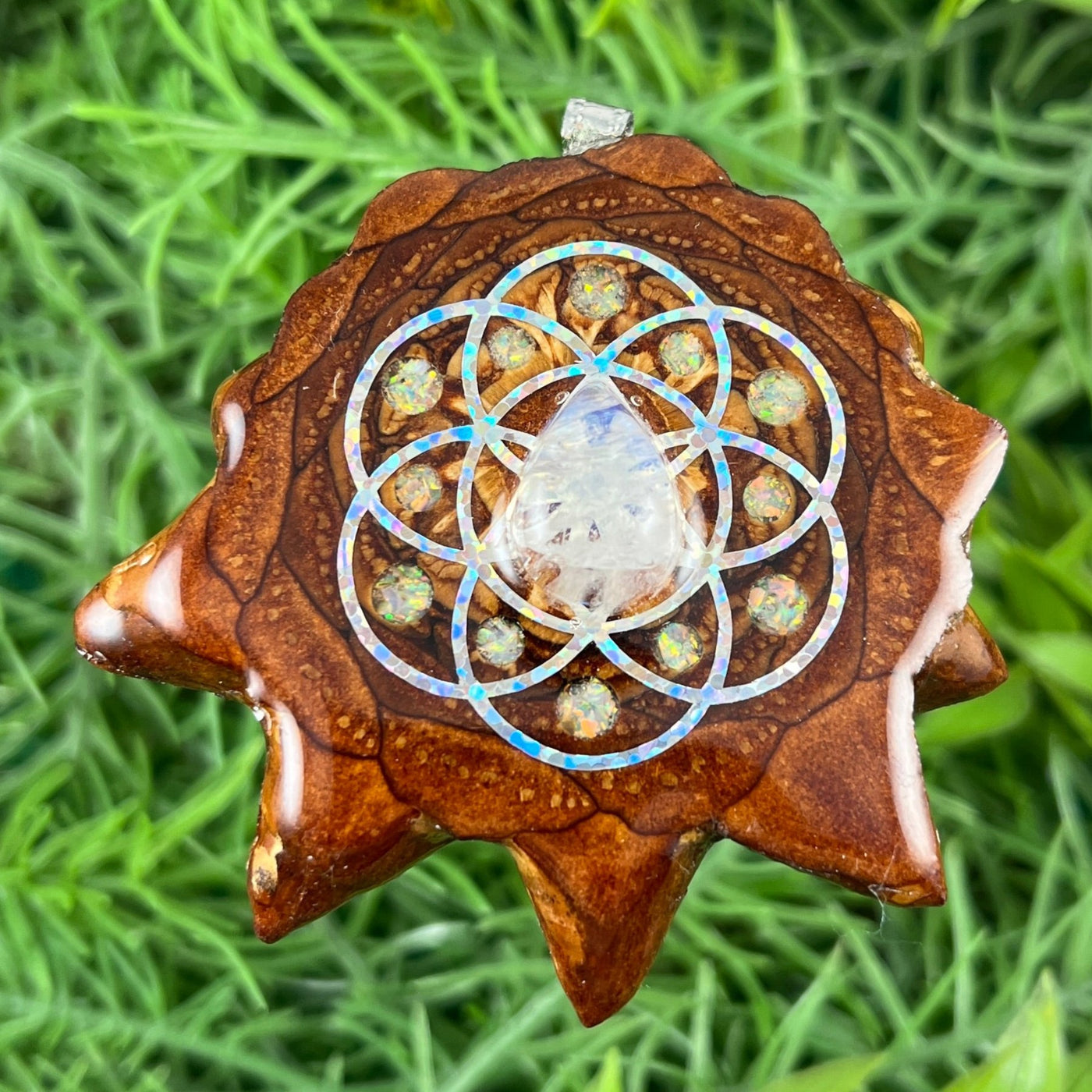 Moonstone & Crushed Opal with Seed of Life - Pinecone Necklace - Aura Pinecones