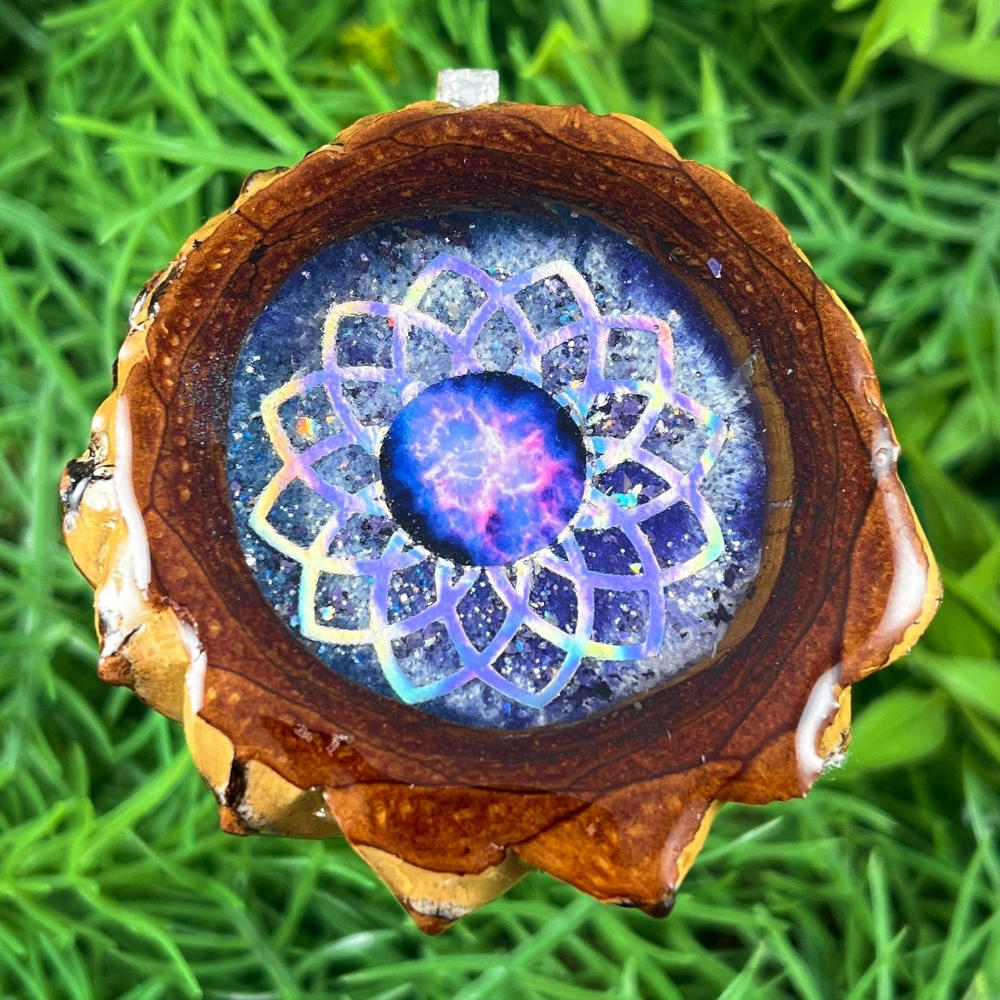 Galaxy with Dichroic Glass & Sunflower - Pinecone Necklace - Aura Pinecones