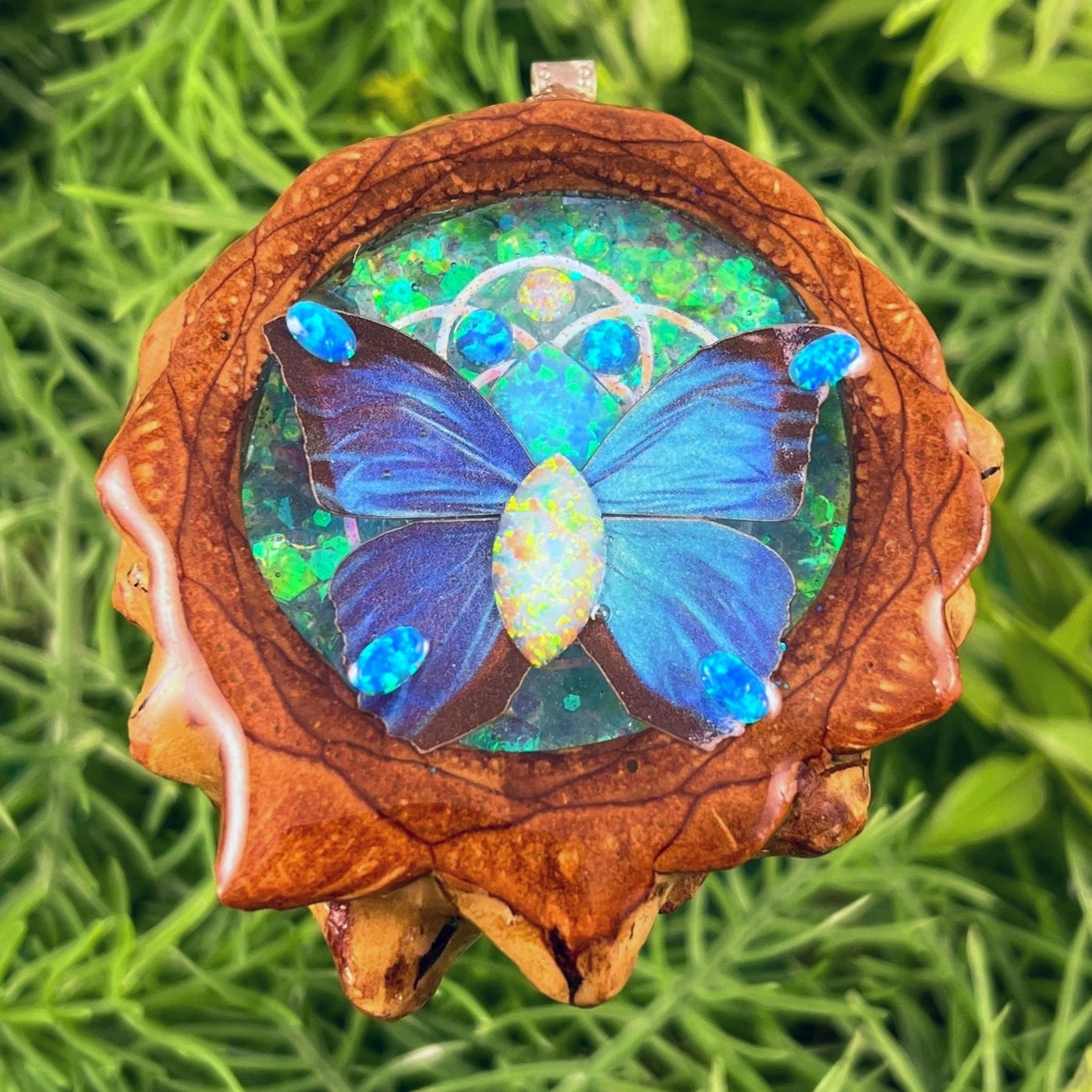 Galaxy with Opal & Butterfly with Seed of Life - Pinecone Necklace - Aura Pinecones