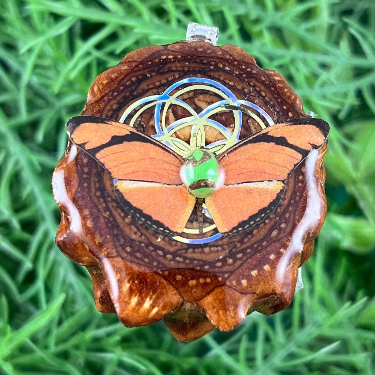 Green Copper Turquoise with Butterfly & Seed of Life - Pinecone Necklace - Aura Pinecones