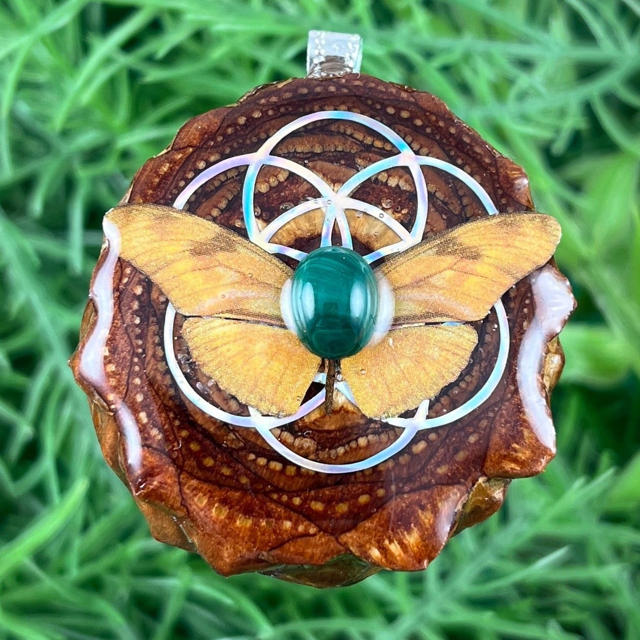 Malachite with Butterfly & Seed of Life - Pinecone Necklace - Aura Pinecones