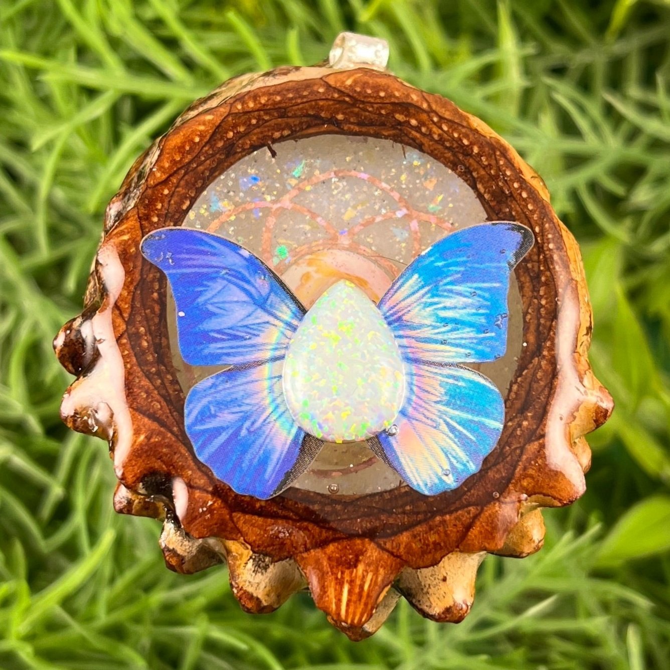 Clouds with Opal & Butterfly with Seed of Life - Pinecone Necklace - Aura Pinecones