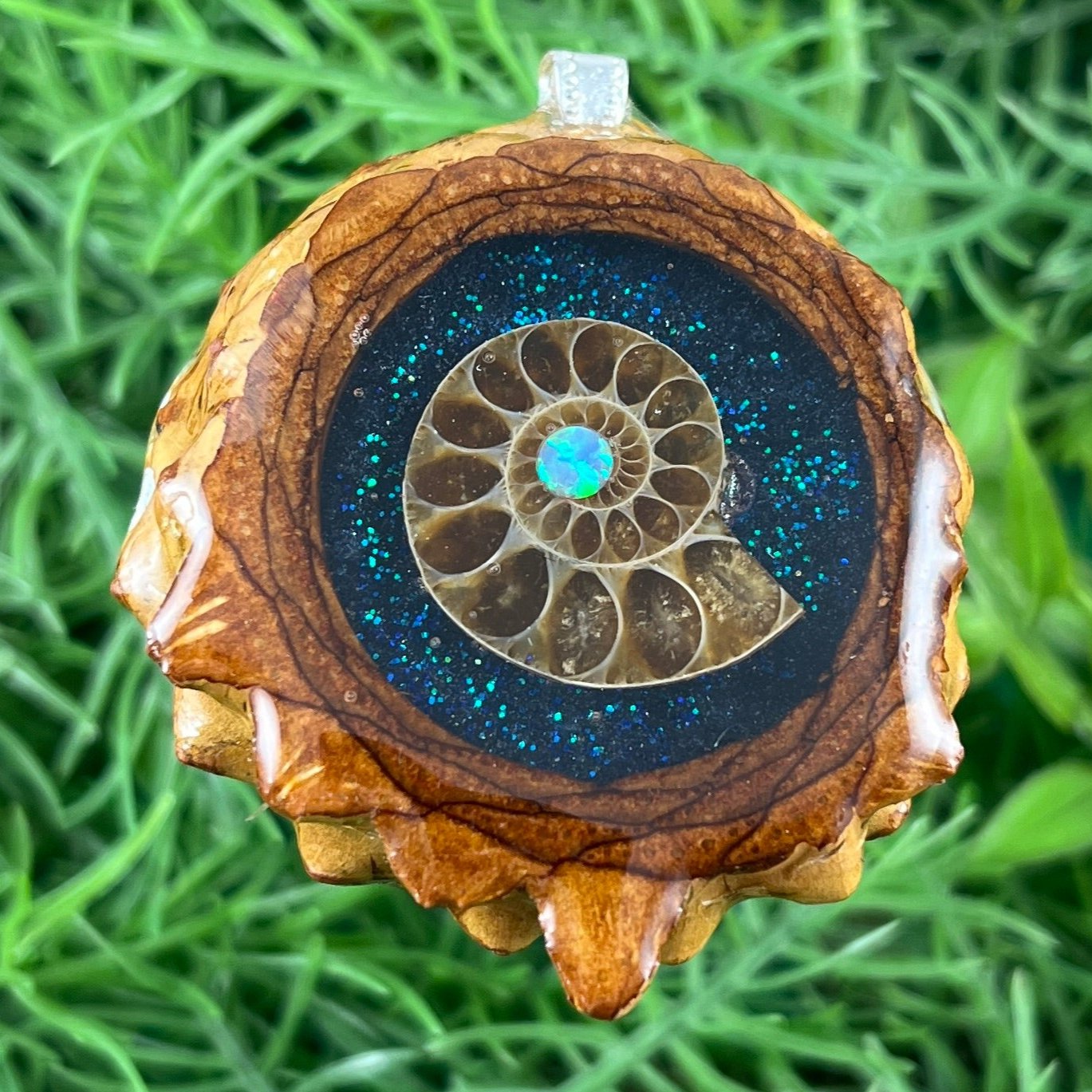 Night Sky with Ammonite - Pinecone Necklace - Aura Pinecones