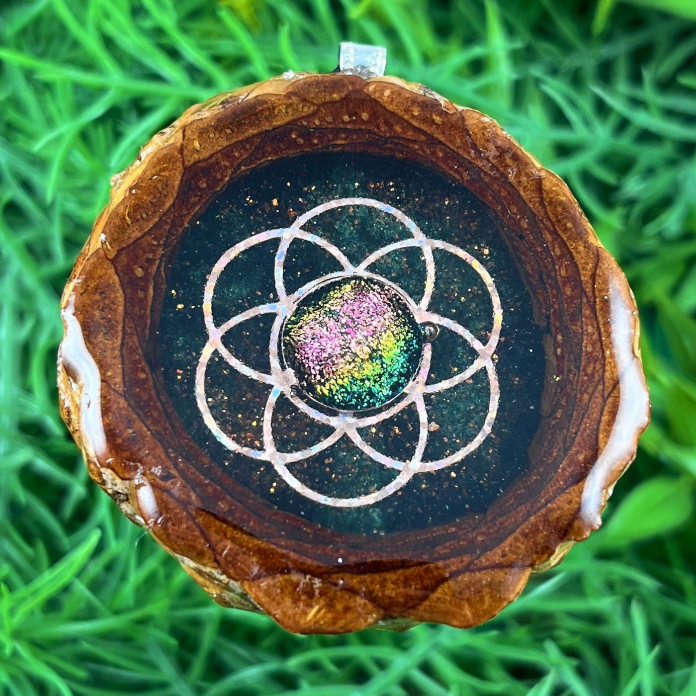 Night Sky with Dichroic Glass & Seed of Life - Pinecone Necklace - Aura Pinecones