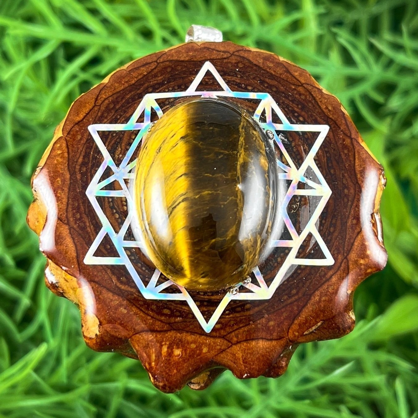 Tiger's Eye with 64 Star Tetrahedron - Pinecone Necklace - Aura Pinecones