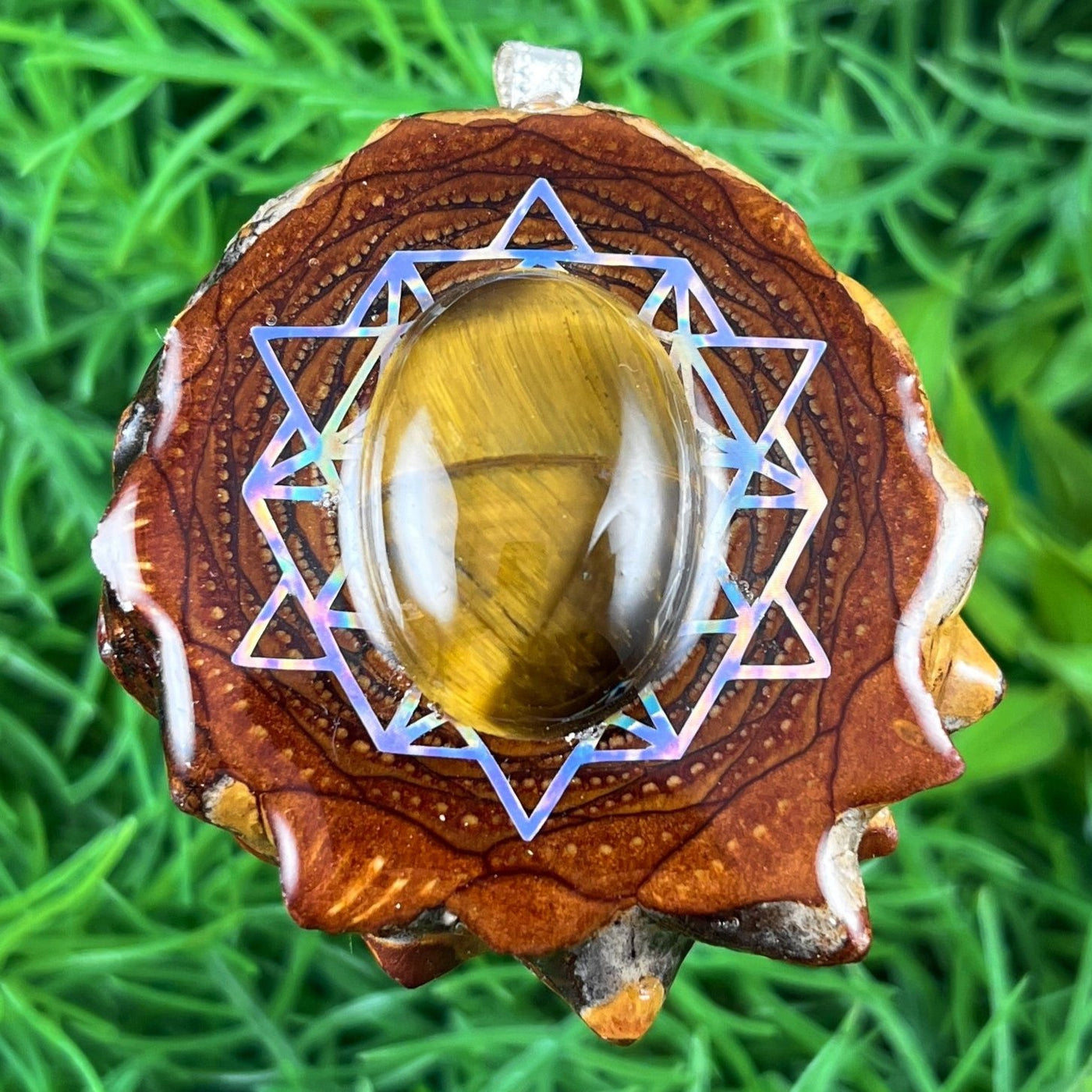 Tiger's Eye with 64 Star Tetrahedron - Pinecone Necklace - Aura Pinecones