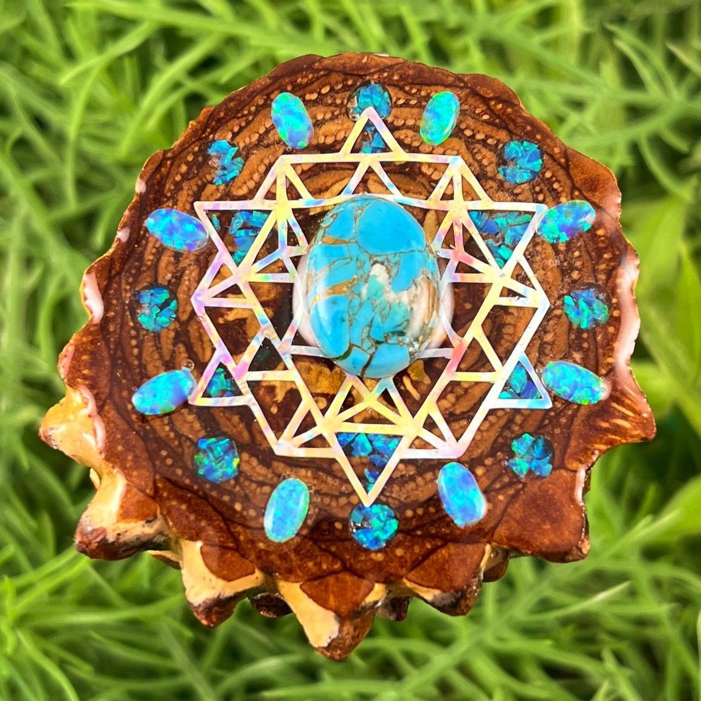 Blue Copper Turquoise & Opal with Crushed Opal & 64 Star Tetrahedron - Pinecone Necklace - Aura Pinecones