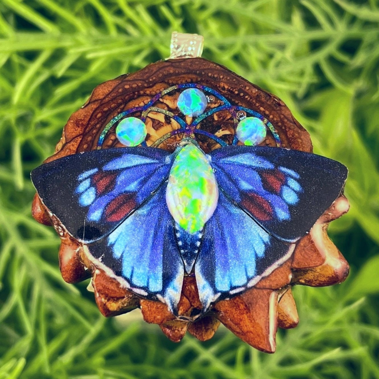 Opal with Butterfly & Seed of Life - Pinecone Necklace - Aura Pinecones