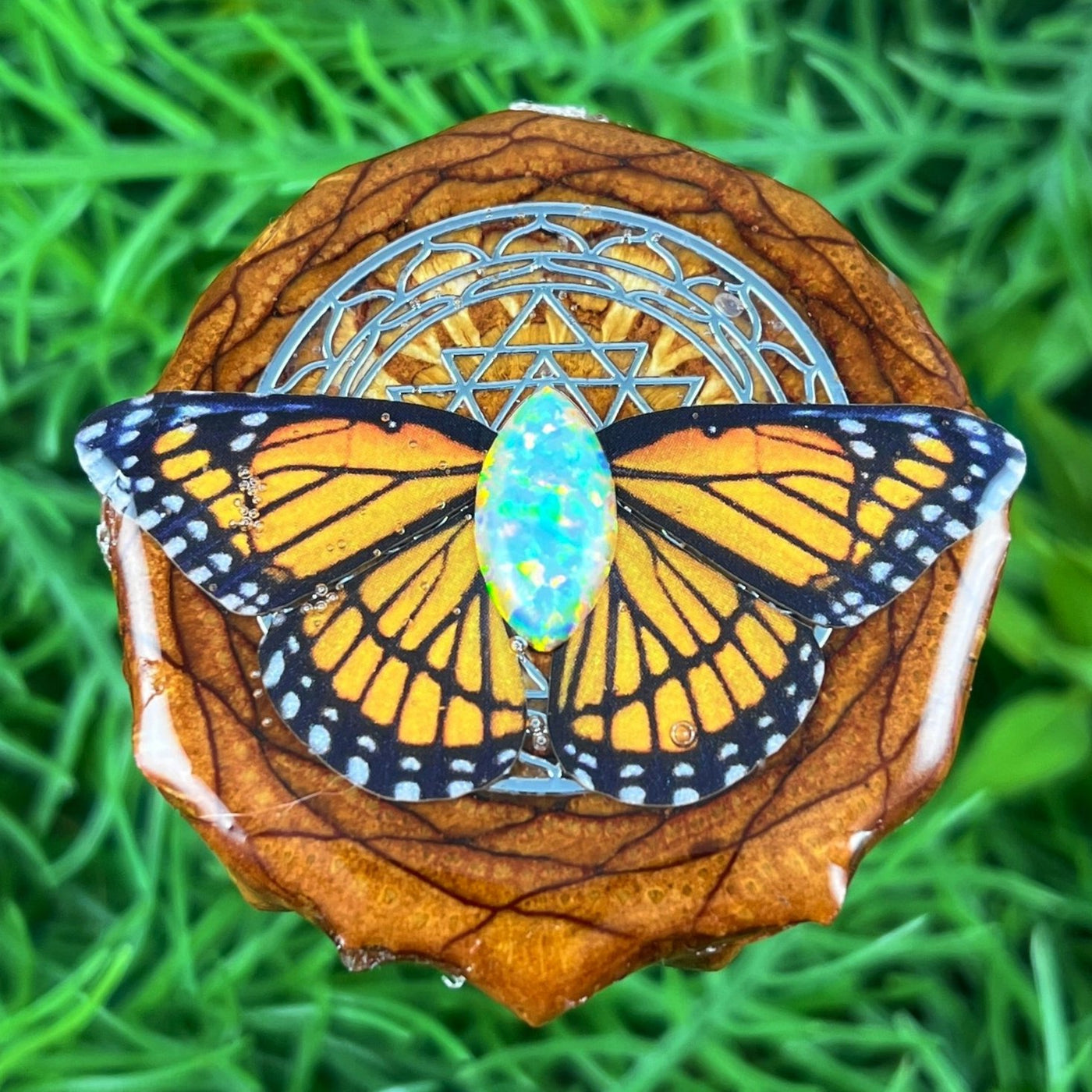 Opal with Butterfly & Mandala - Pinecone Necklace - Aura Pinecones