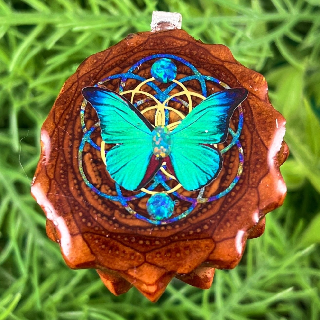 Opal with Butterfly & Seed of Life - Pinecone Necklace - Aura Pinecones