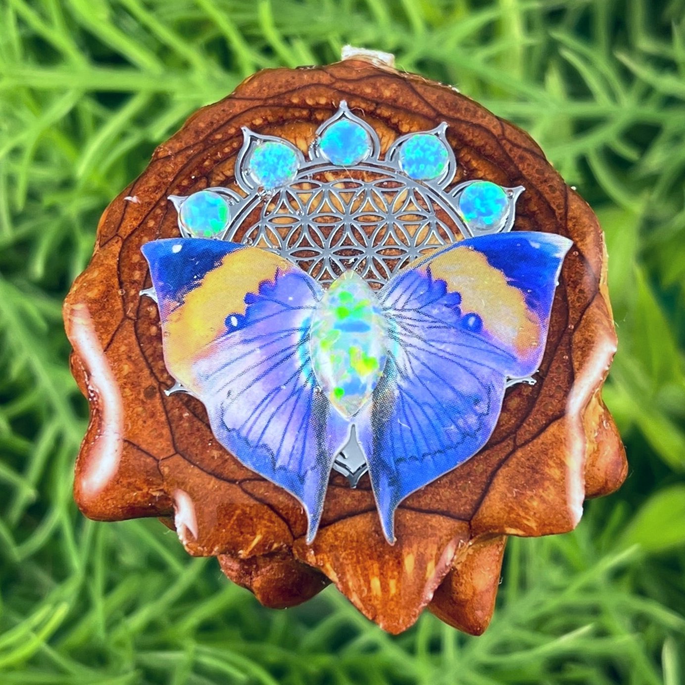 Opal with Butterfly & Mandala - Pinecone Necklace - Aura Pinecones