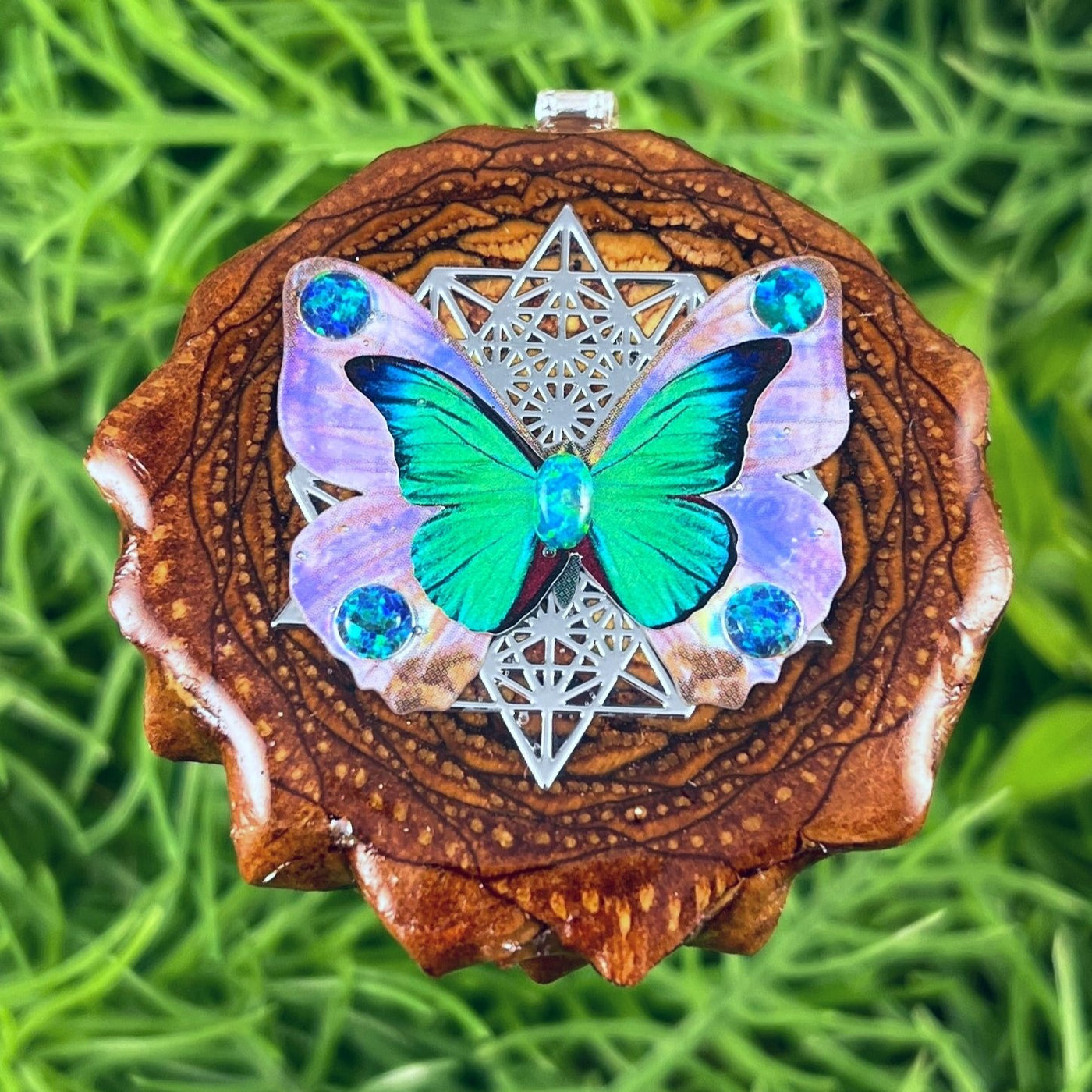 Opal with Butterfly & Mandala - Pinecone Necklace - Aura Pinecones