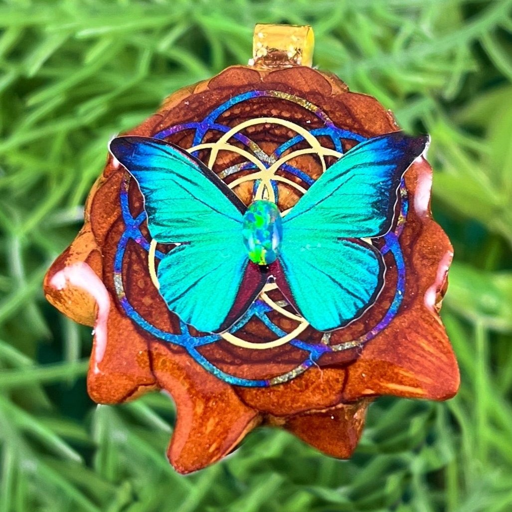 Opal with Butterfly & Seed of Life - Pinecone Necklace - Aura Pinecones