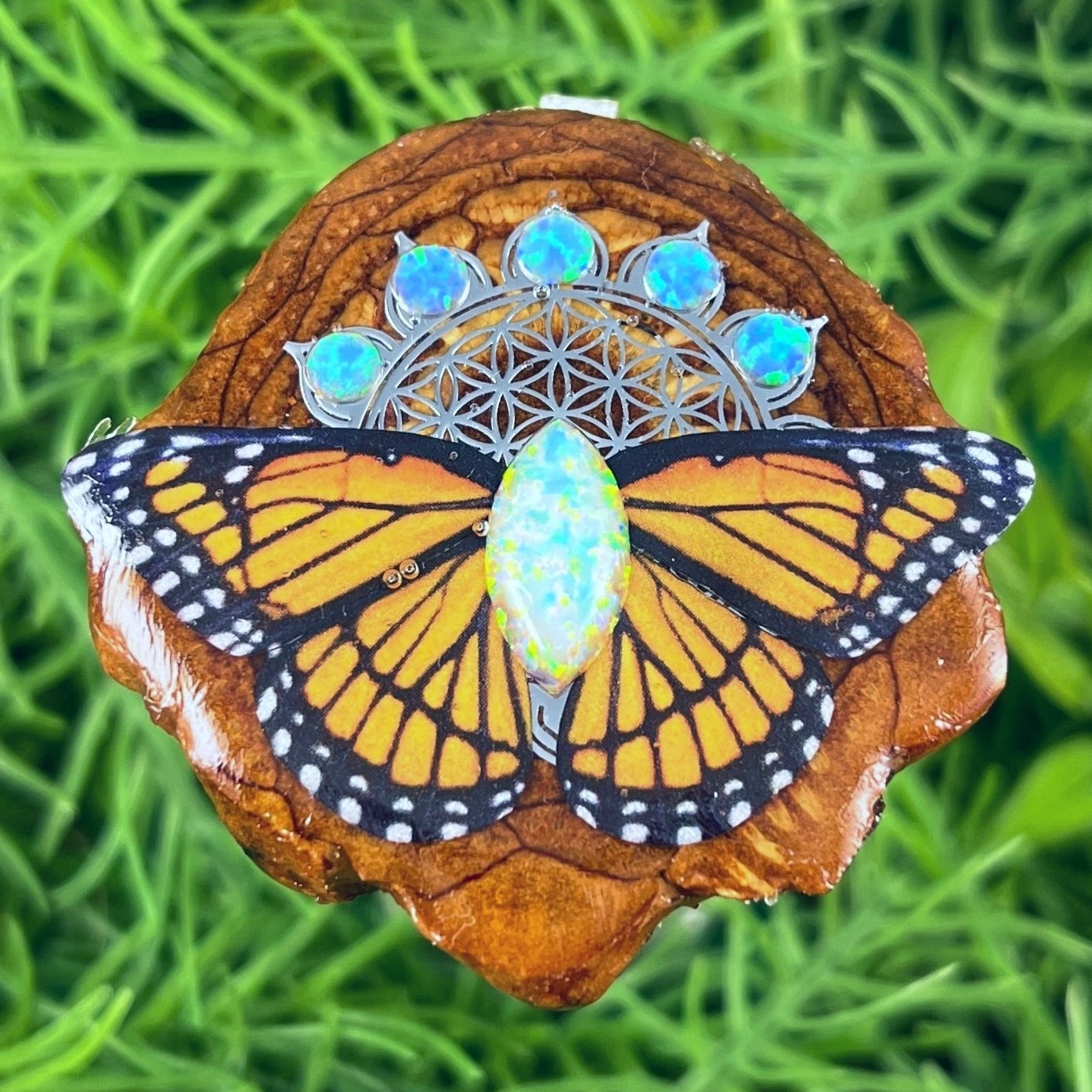 Opal with Butterfly & Mandala - Pinecone Necklace - Aura Pinecones