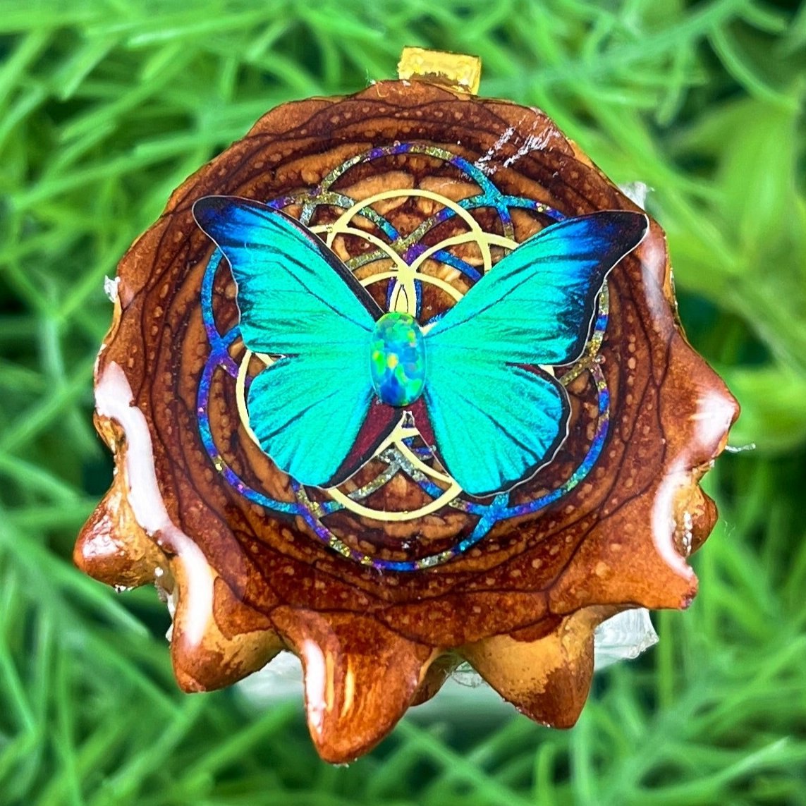 Opal with Butterfly & Seed of Life - Pinecone Necklace - Aura Pinecones