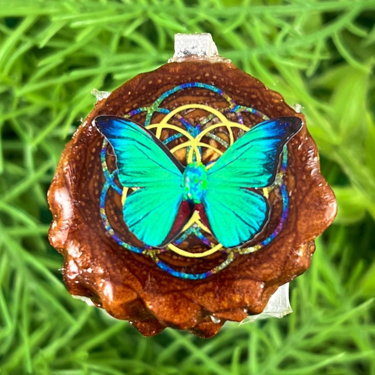 Opal with Butterfly & Seed of Life - Pinecone Necklace - Aura Pinecones