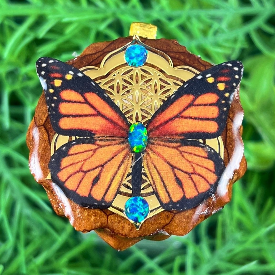 Opal with Butterfly & Mandala - Pinecone Necklace - Aura Pinecones