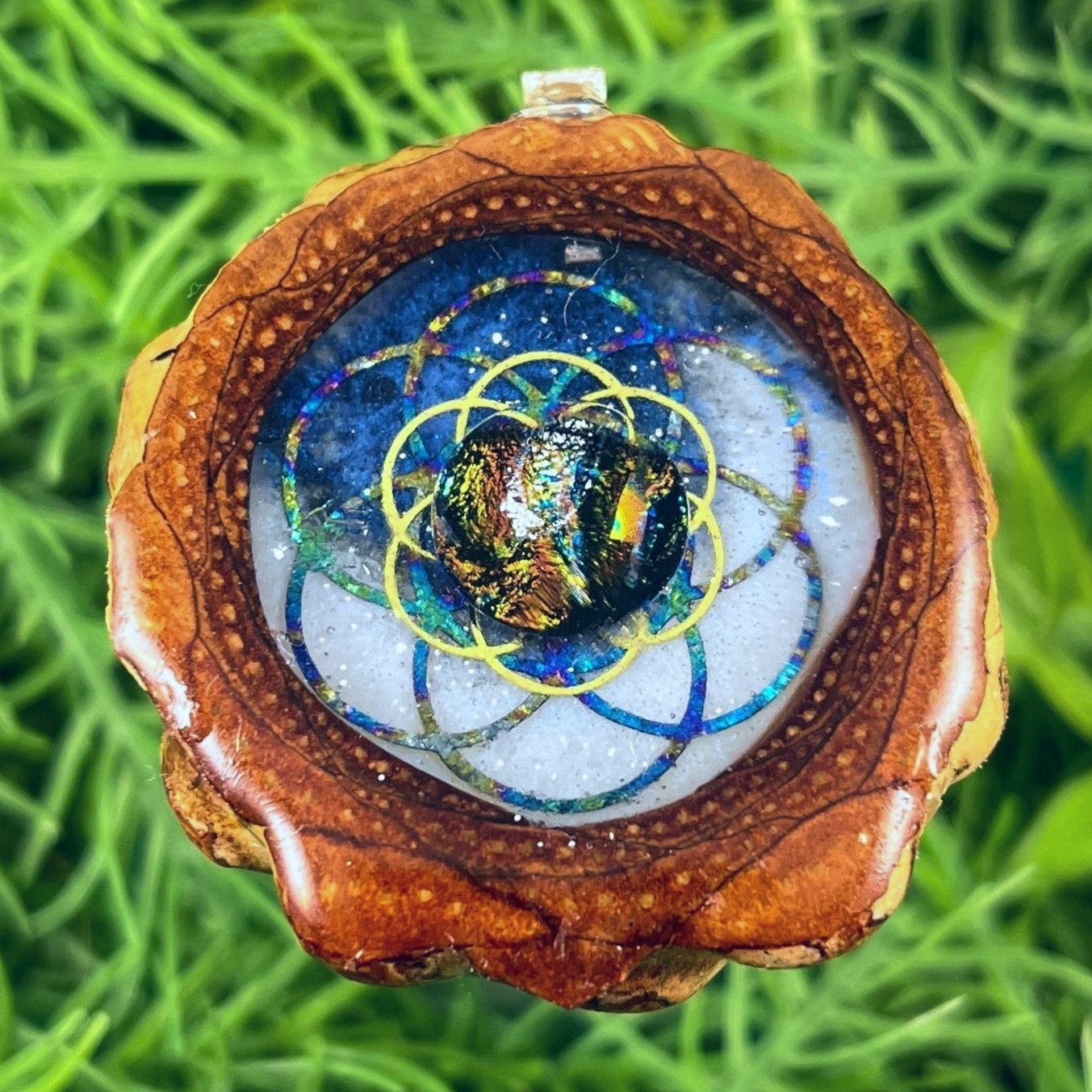 Galaxy with Dichroic Glass & Seed of Life - Pinecone Necklace - Aura Pinecones