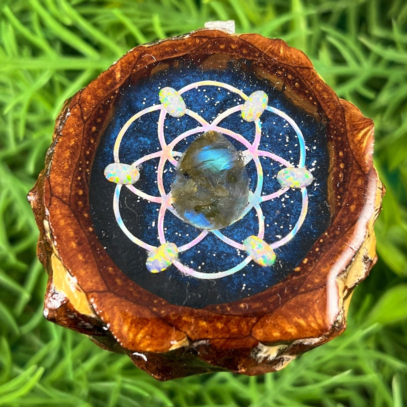 Galaxy with Labradorite & Opal with Seed of Life - Pinecone Necklace - Aura Pinecones