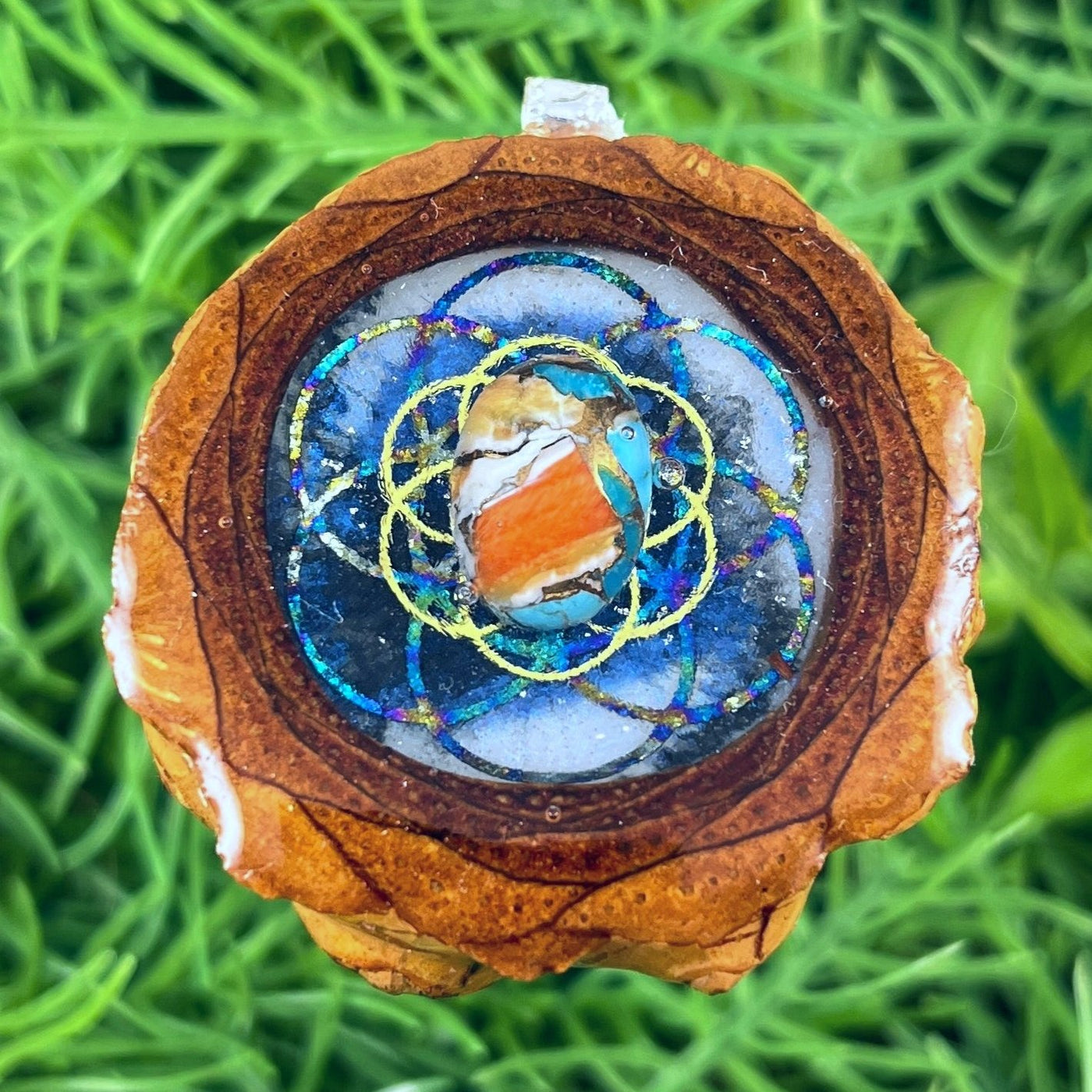 Galaxy with Spiny Oyster Turquoise & Seed of Life - Pinecone Necklace - Aura Pinecones