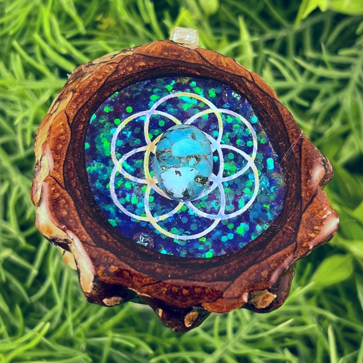 Supernova with Turquoise & Seed of Life - Pinecone Necklace - Aura Pinecones