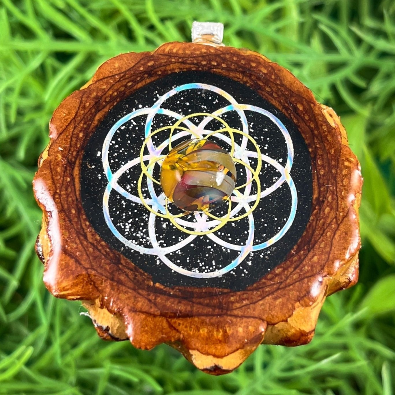 Night Sky with Dichroic Glass & Seed of Life - Pinecone Necklace - Aura Pinecones