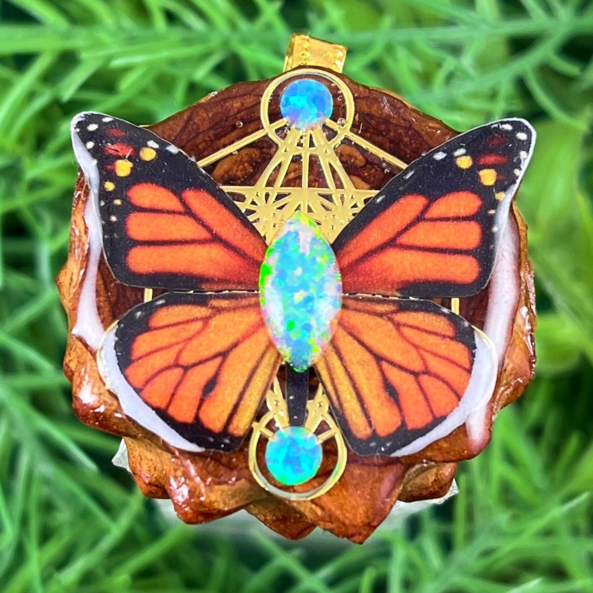 Opal & Butterfly with Mandala - Pinecone Necklace - Aura Pinecones