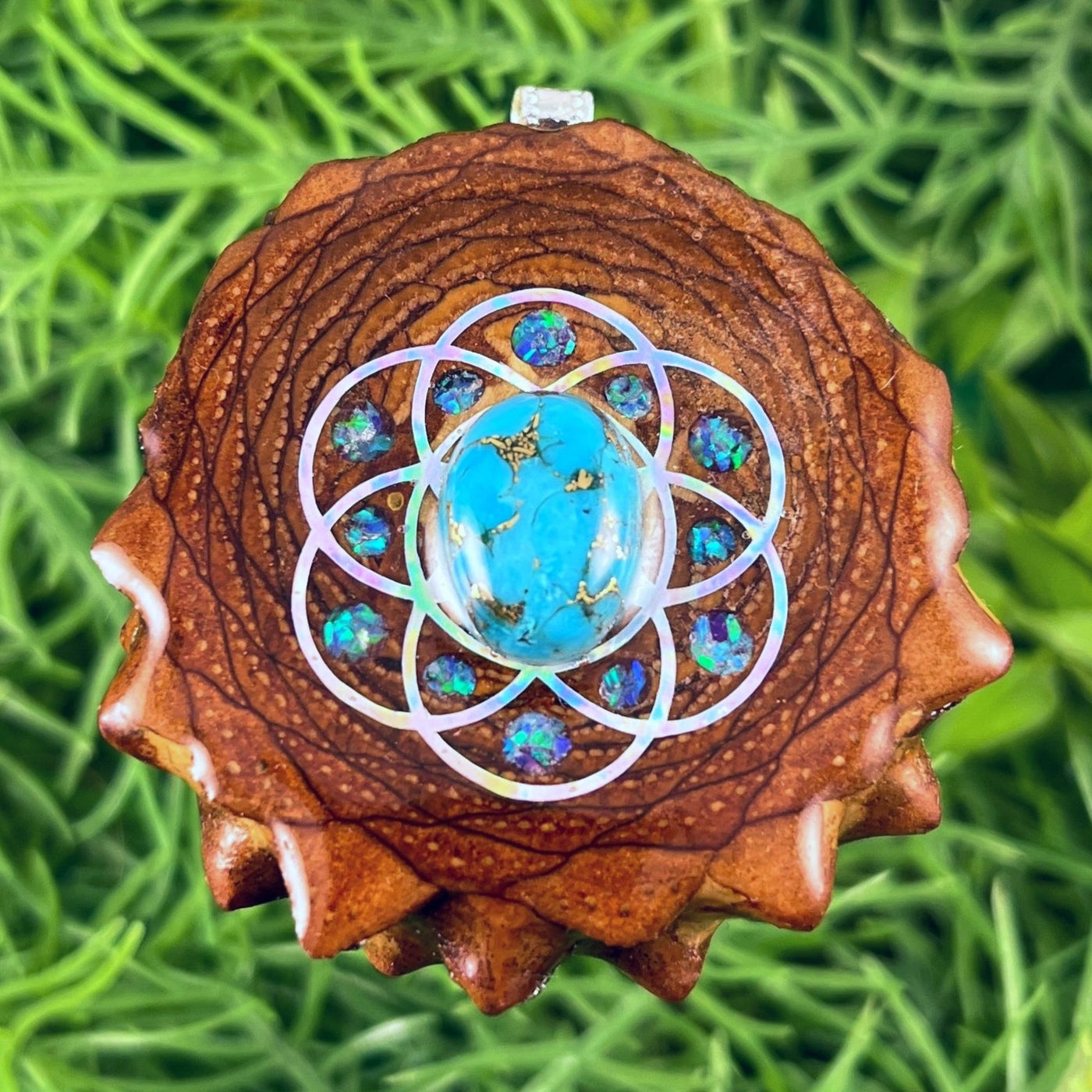 Turquoise & Crushed Opal with Seed of Life - Pinecone Necklace - Aura Pinecones