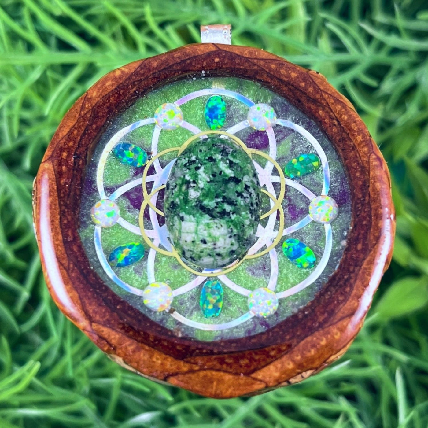 Galaxy with Ruby Zoisite & Opal with Seed of Life - Pinecone Necklace - Aura Pinecones