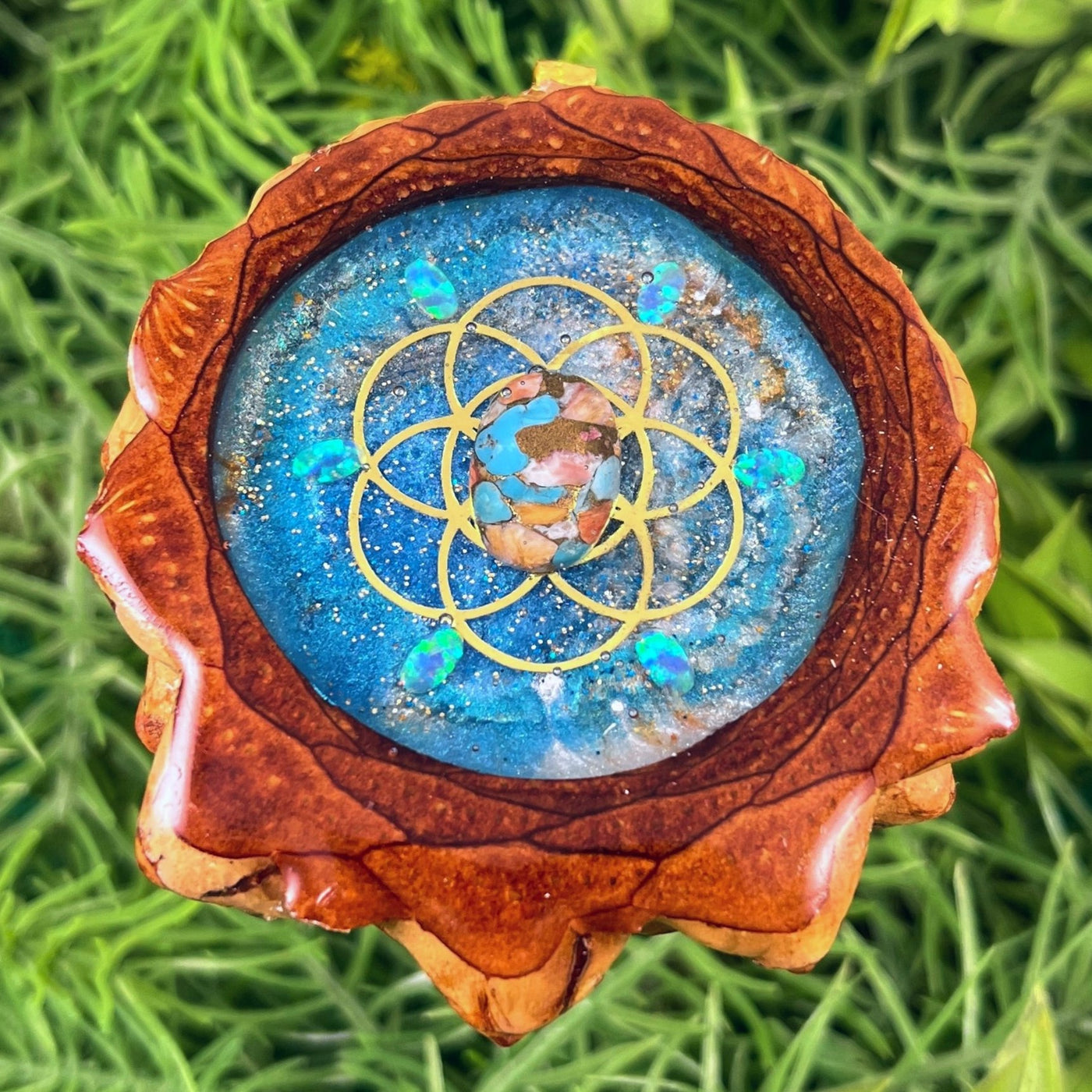 Galaxy with Spiny Oyster Turquoise & Opal with Seed of Life - Pinecone Necklace - Aura Pinecones