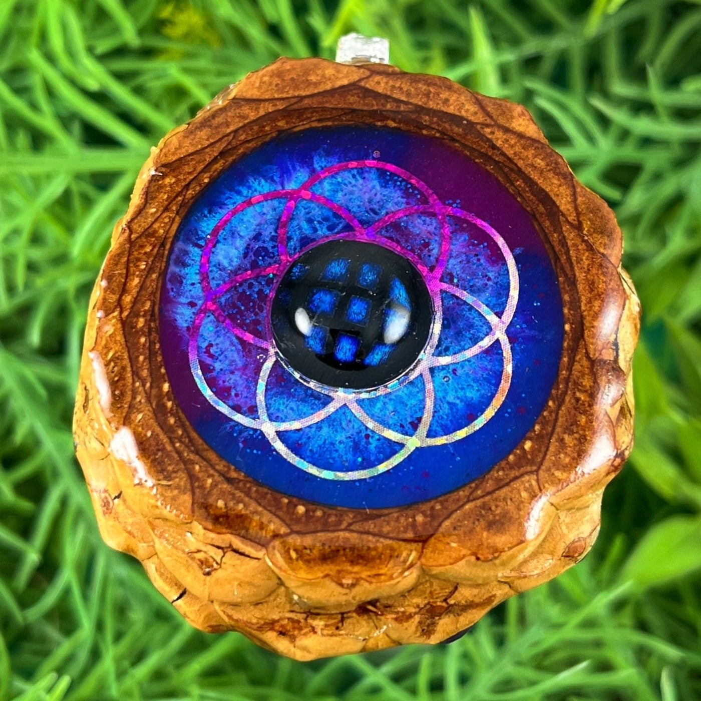 Galaxy with Dichroic Glass & Seed of Life - Pinecone Necklace - Aura Pinecones