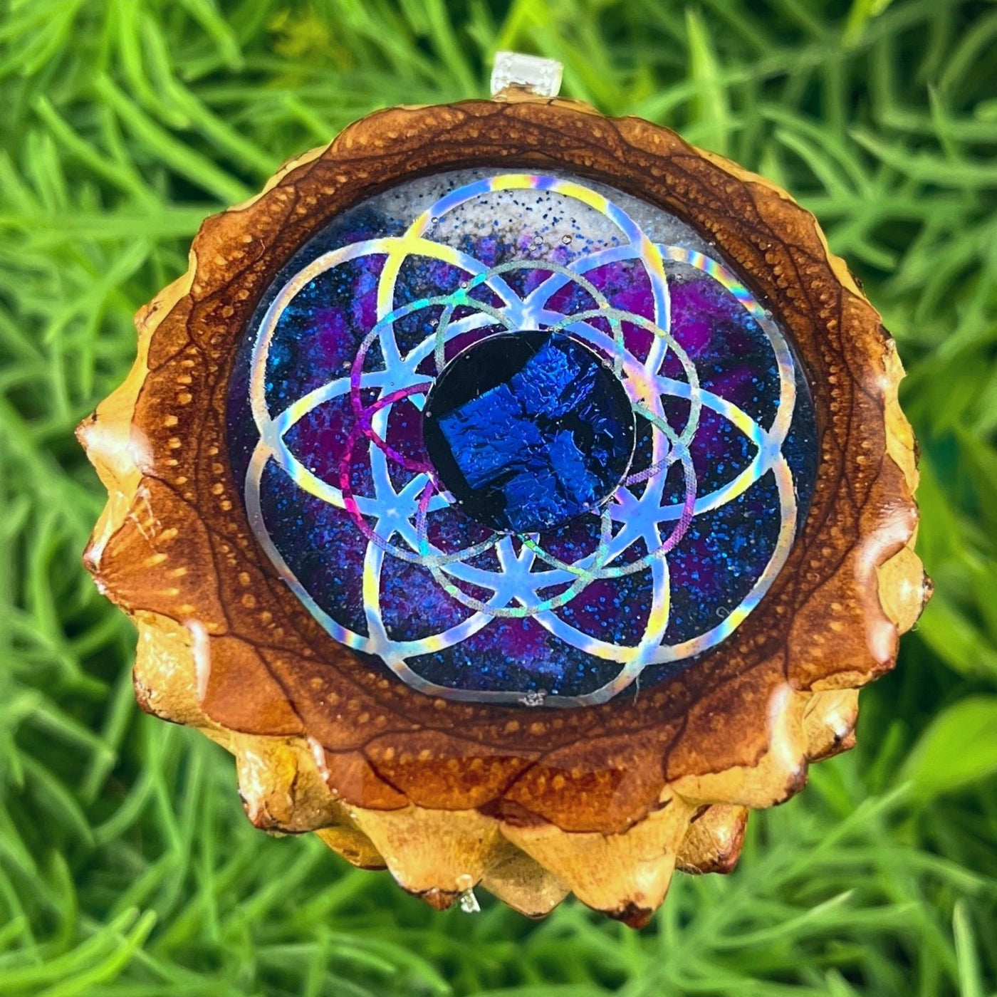 Galaxy with Dichroic Glass & Seed of Life - Pinecone Necklace - Aura Pinecones