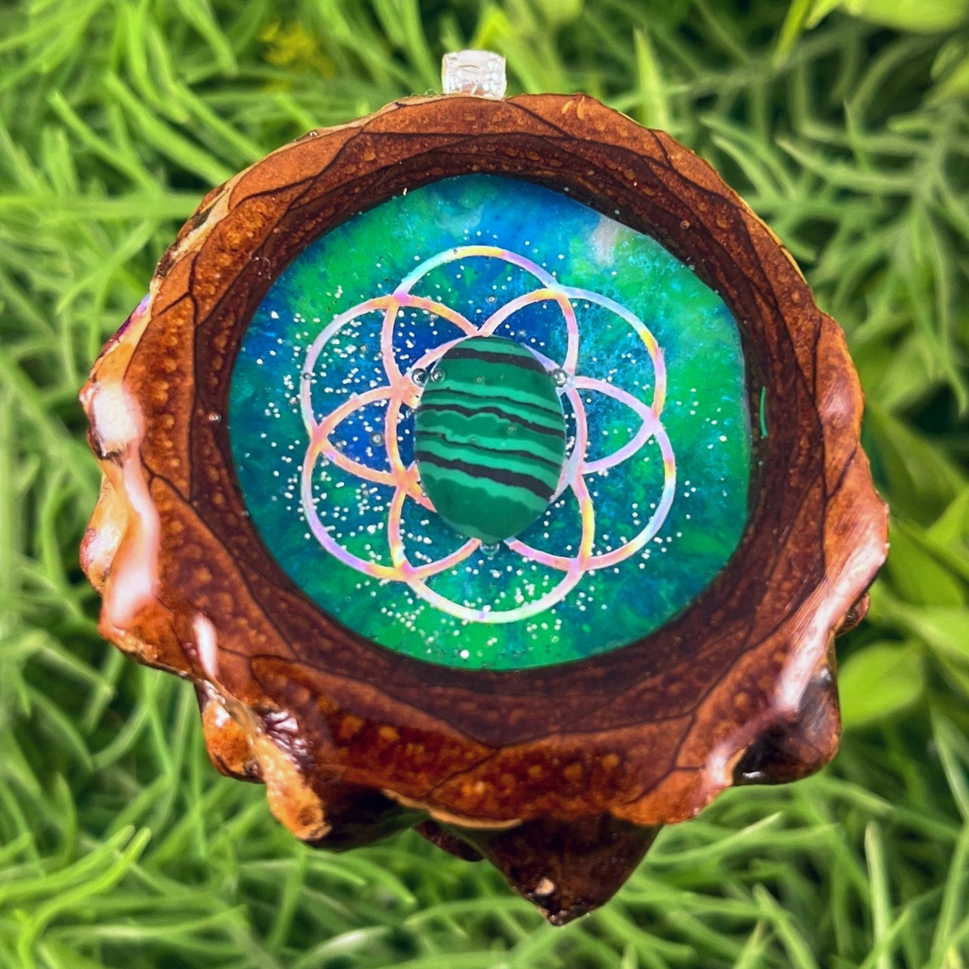 Galaxy with Malachite & Seed of Life - Pinecone Necklace - Aura Pinecones