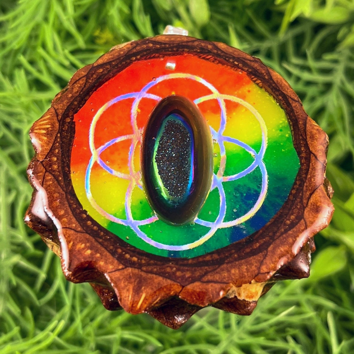 Rainbow with Dichroic Glass & Seed of Life - Pinecone Necklace - Aura Pinecones