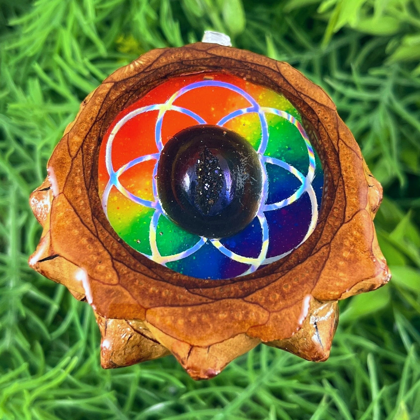 Rainbow with Dichroic Glass & Seed of Life - Pinecone Necklace - Aura Pinecones