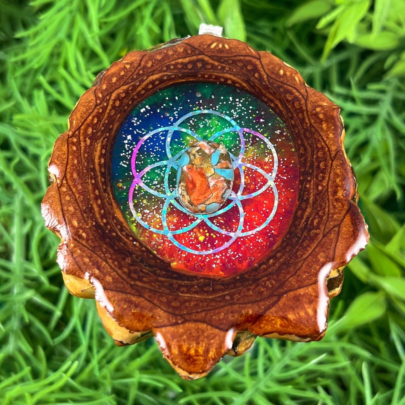 Rainbow with Spiny Oyster Turquoise & Seed of Life - Pinecone Necklace - Aura Pinecones
