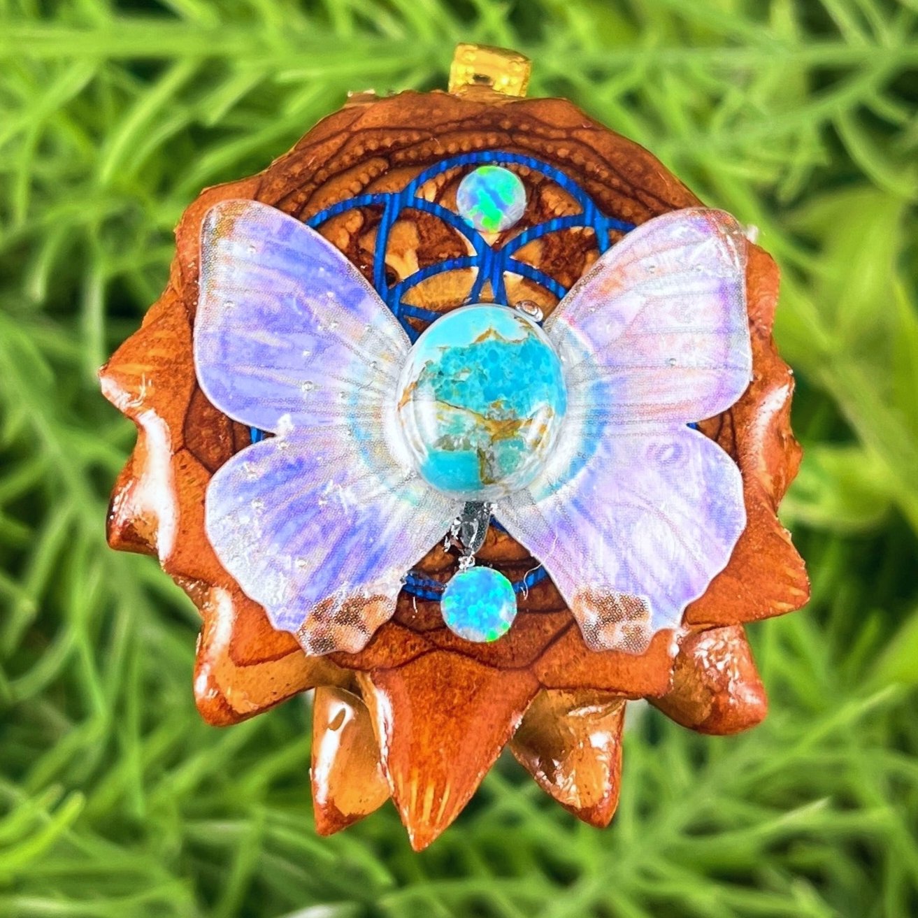 Blue Copper Turquoise & Opal with Butterfly & Seed of Life - Pinecone Necklace - Aura Pinecones